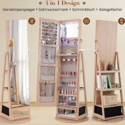 Schmuckschrank 360° Drehbar Spiegelschrank Abschließbar Schmuckregal mit Ganzkörperspiegel Natur