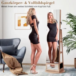 Schmuckschrank 360° Drehbar Spiegelschrank Abschließbar Schmuckregal mit Ganzkörperspiegel Natur