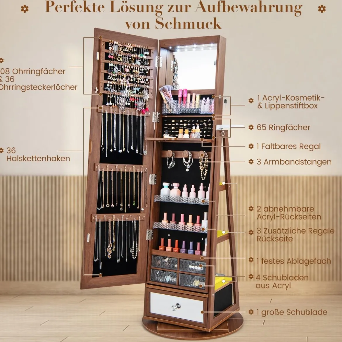 Schmuckschrank 360° drehbar Spiegelschrank mit Ganzkörperspiegel 140 x 37 cm Braun