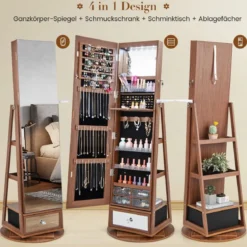 Schmuckschrank 360° drehbar Spiegelschrank mit Ganzkörperspiegel 140 x 37 cm Braun
