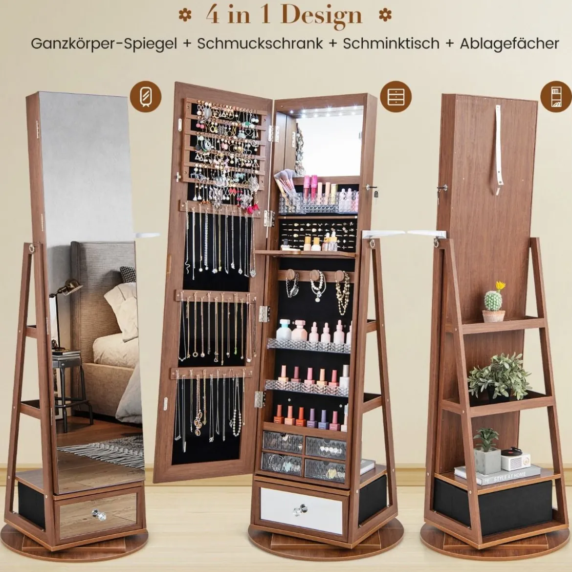 Schmuckschrank 360° drehbar Spiegelschrank mit Ganzkörperspiegel 140 x 37 cm Braun