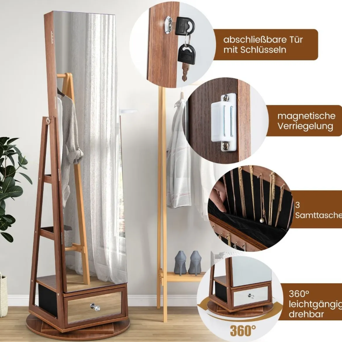 Schmuckschrank 360° drehbar Spiegelschrank mit Ganzkörperspiegel 140 x 37 cm Braun