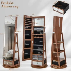 Schmuckschrank 360° drehbar Spiegelschrank mit Ganzkörperspiegel 140 x 37 cm Braun
