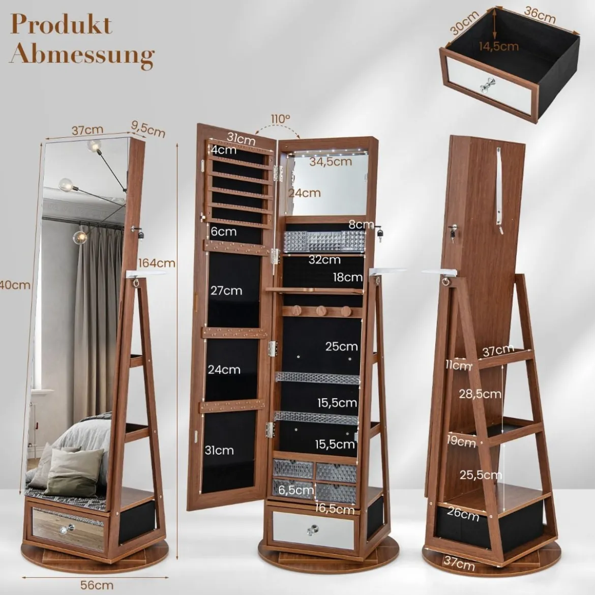 Schmuckschrank 360° drehbar Spiegelschrank mit Ganzkörperspiegel 140 x 37 cm Braun