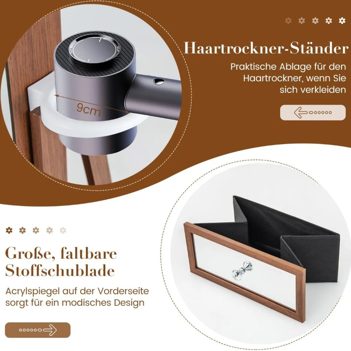 Schmuckschrank 360° drehbar Spiegelschrank mit Ganzkörperspiegel 140 x 37 cm Braun
