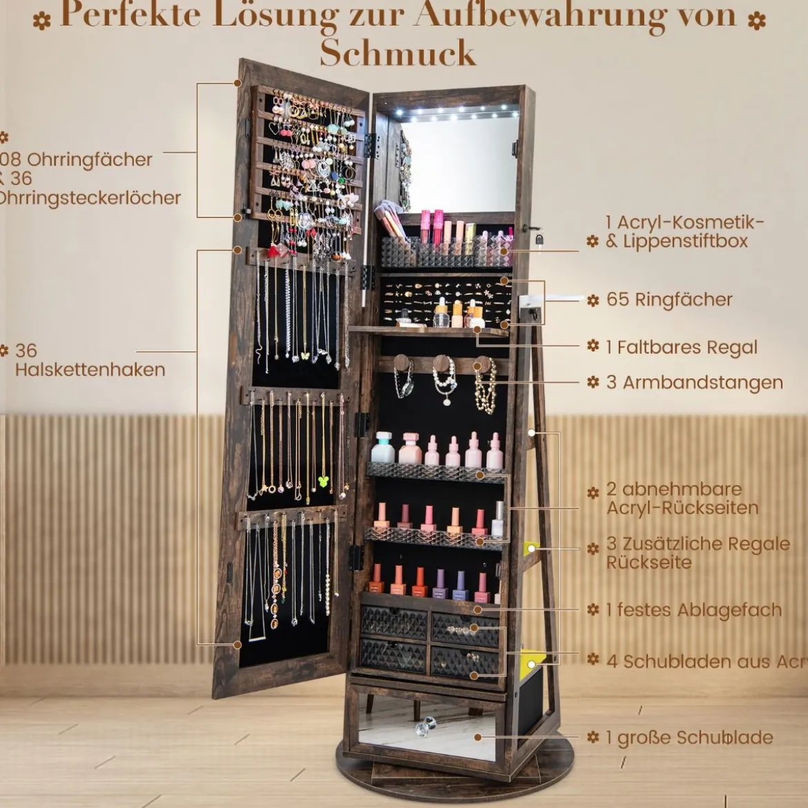 Schmuckschrank 360° drehbar Spiegelschrank mit Ganzkörperspiegel 140 x 37 cm Rustikales Braun