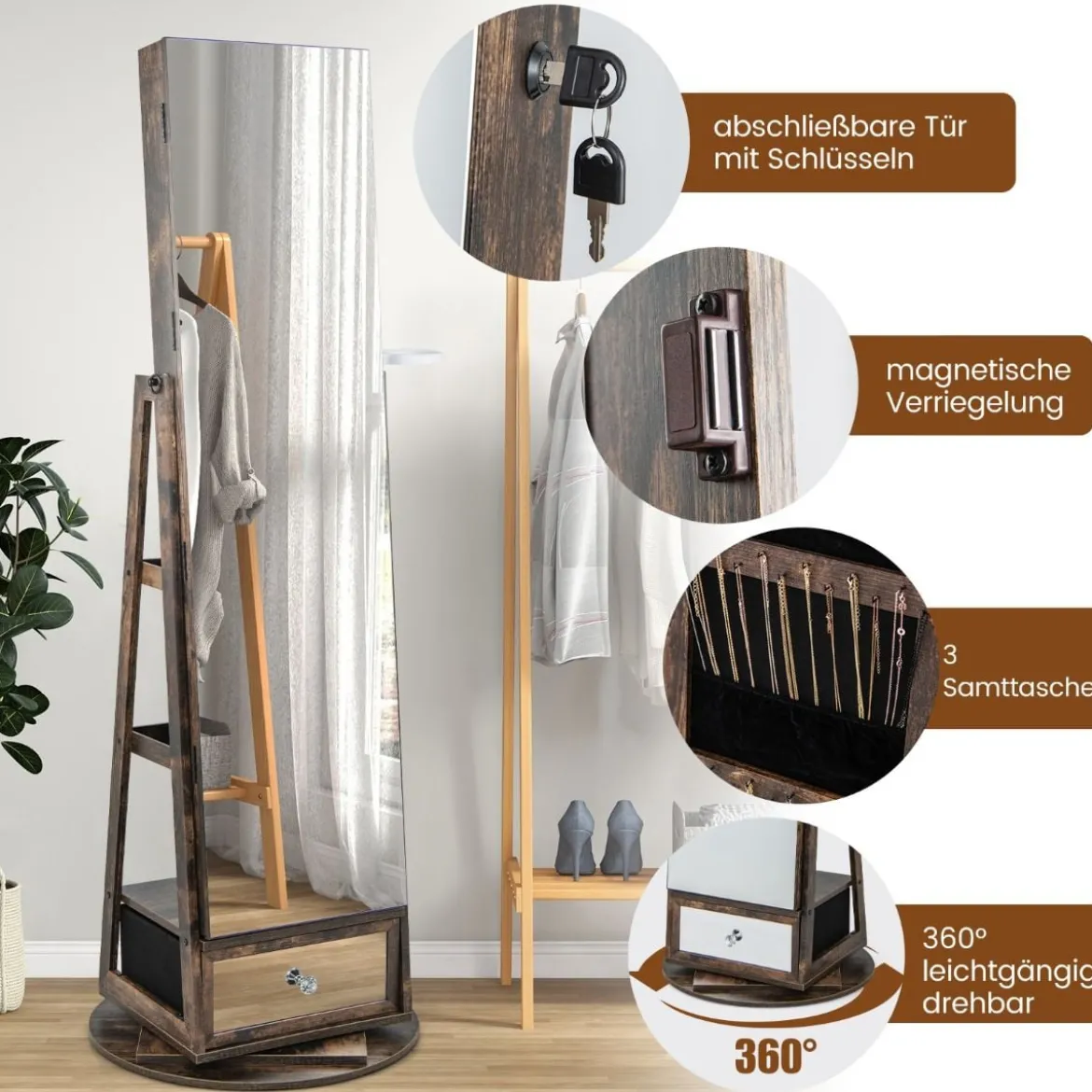 Schmuckschrank 360° drehbar Spiegelschrank mit Ganzkörperspiegel 140 x 37 cm Rustikales Braun