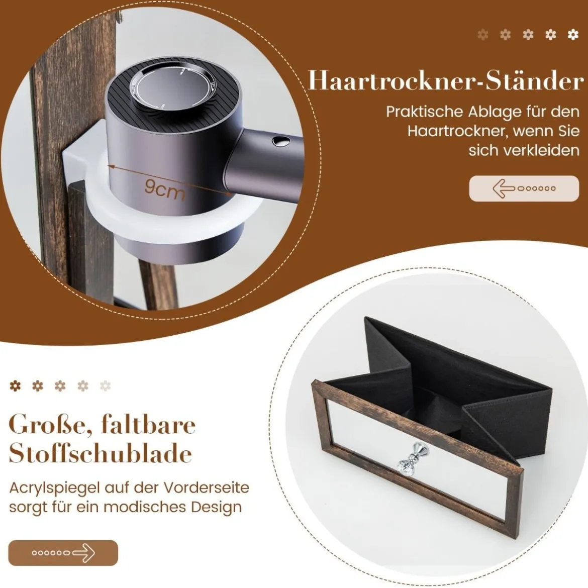 Schmuckschrank 360° drehbar Spiegelschrank mit Ganzkörperspiegel 140 x 37 cm Rustikales Braun