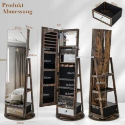 Schmuckschrank 360° drehbar Spiegelschrank mit Ganzkörperspiegel 140 x 37 cm Rustikales Braun