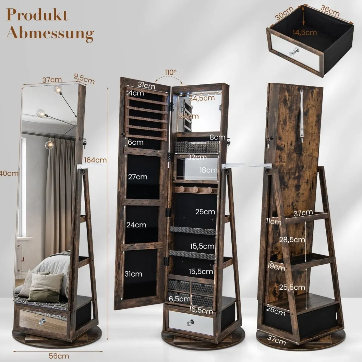 Schmuckschrank 360° drehbar Spiegelschrank mit Ganzkörperspiegel 140 x 37 cm Rustikales Braun