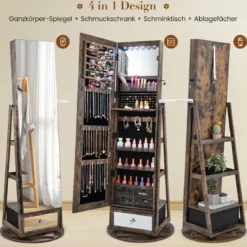 Schmuckschrank 360° drehbar Spiegelschrank mit Ganzkörperspiegel 140 x 37 cm Rustikales Braun