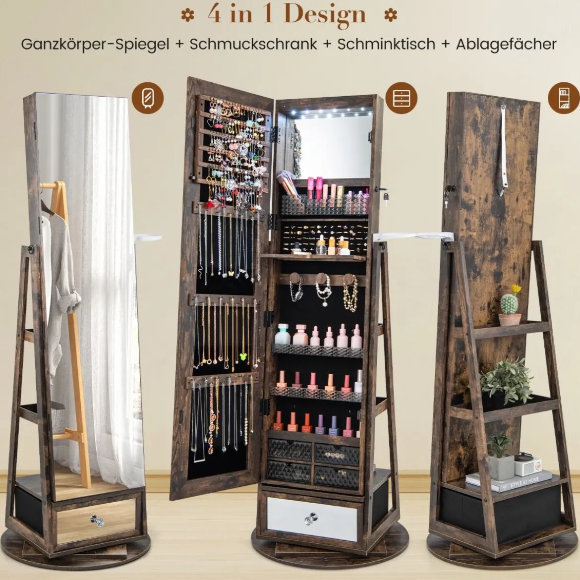 Schmuckschrank 360° drehbar Spiegelschrank mit Ganzkörperspiegel 140 x 37 cm Rustikales Braun