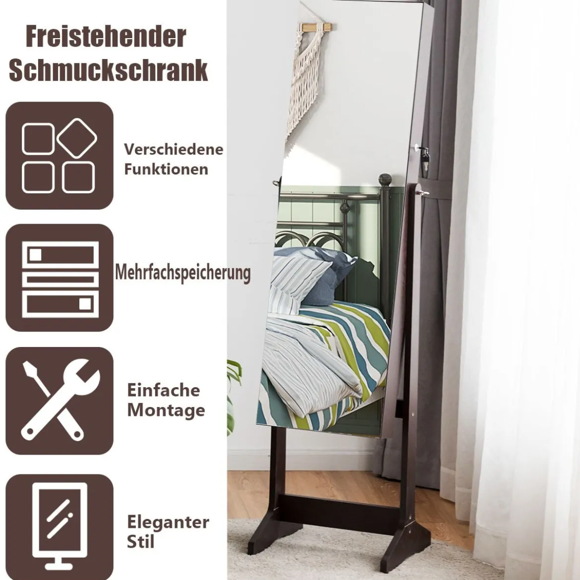 Schmuckschrank Freistehender Schmuckschrank mit Spiegel 41,5 X 36,5 X 156 cm Braun