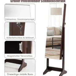 Schmuckschrank Freistehender Schmuckschrank mit Spiegel 41,5 X 36,5 X 156 cm Braun