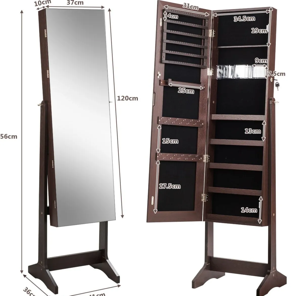 Schmuckschrank Freistehender Schmuckschrank mit Spiegel 41,5 X 36,5 X 156 cm Braun