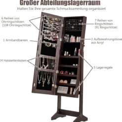 Schmuckschrank Freistehender Schmuckschrank mit Spiegel 41,5 X 36,5 X 156 cm Braun