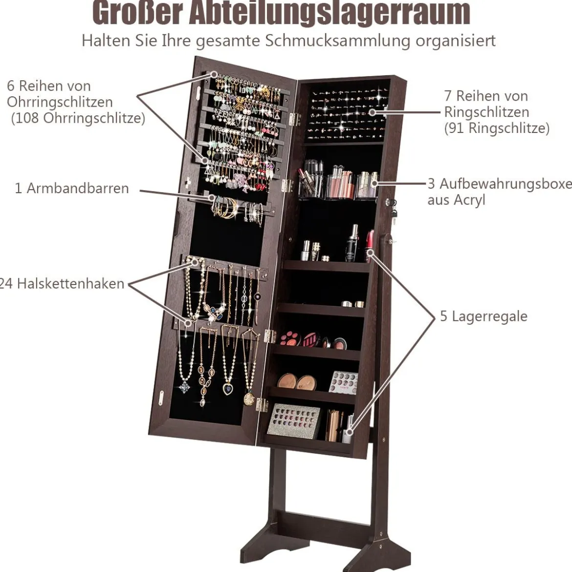 Schmuckschrank Freistehender Schmuckschrank mit Spiegel 41,5 X 36,5 X 156 cm Braun