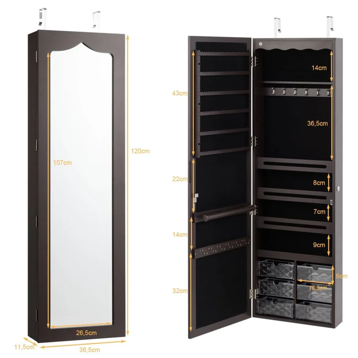 Schmuckschrank Hängend Sipegelschrank mit LED-Beleuchtung 36,5 x 11,5 x 120 cm Braun