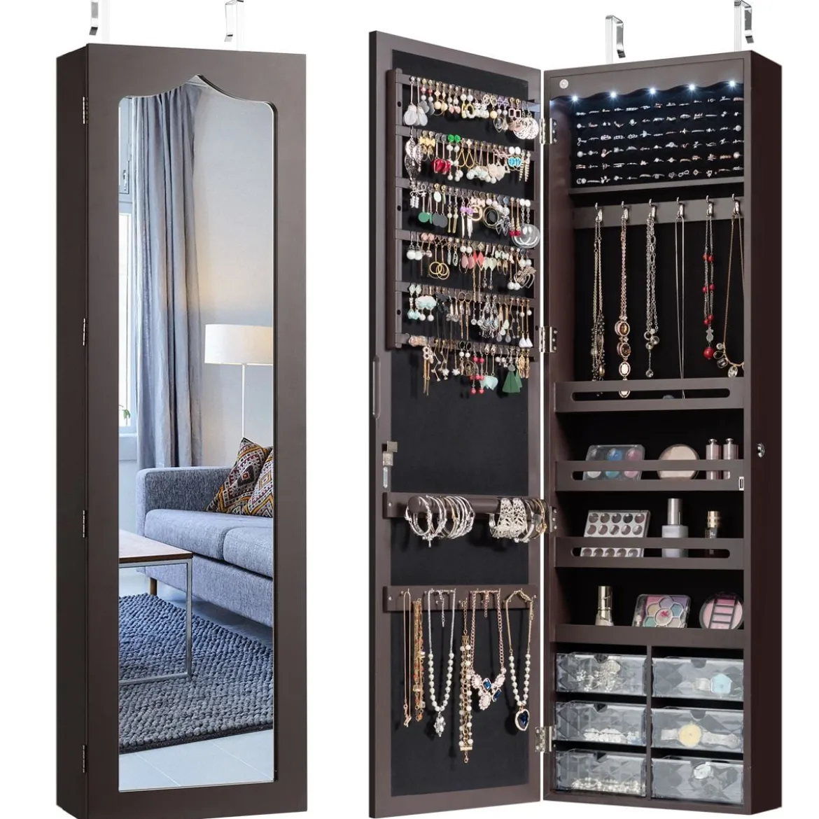 Schmuckschrank Hängend Sipegelschrank mit LED-Beleuchtung 36,5 x 11,5 x 120 cm Braun