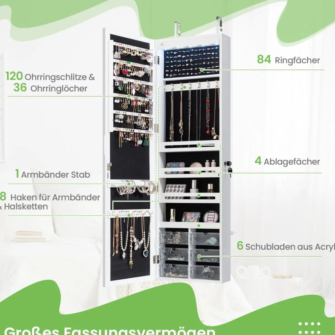 Schmuckschrank Hängend Sipegelschrank mit LED-Beleuchtung 36,5 x 11,5 x 120 cm Weiß