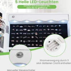Schmuckschrank Hängend Sipegelschrank mit LED-Beleuchtung 36,5 x 11,5 x 120 cm Weiß