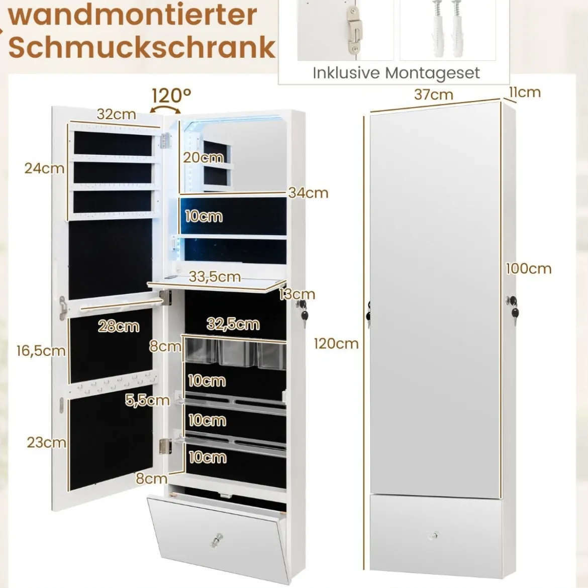 Schmuckschrank hängend Spiegelschrank abschließbar mit LED Beleuchten 120 x 37 x 11 cm Weiß