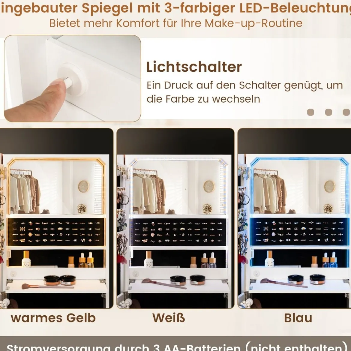 Schmuckschrank hängend Spiegelschrank abschließbar mit LED Beleuchten 120 x 37 x 11 cm Weiß