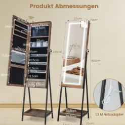 Schmuckschrank mit Ablage & Ganzkörperspiegel & 3 Farbigen LED-Lechten & 2 Schubladen Braun