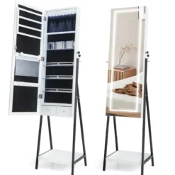 Schmuckschrank mit Ablage & Ganzkörperspiegel & 3 Farbigen LED-Lechten & 2 Schubladen Weiß