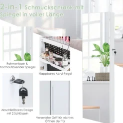 Schmuckschrank mit Ganzkörperspiegel & 3-farbigen Lichtern an der Wand/Tür Weiß