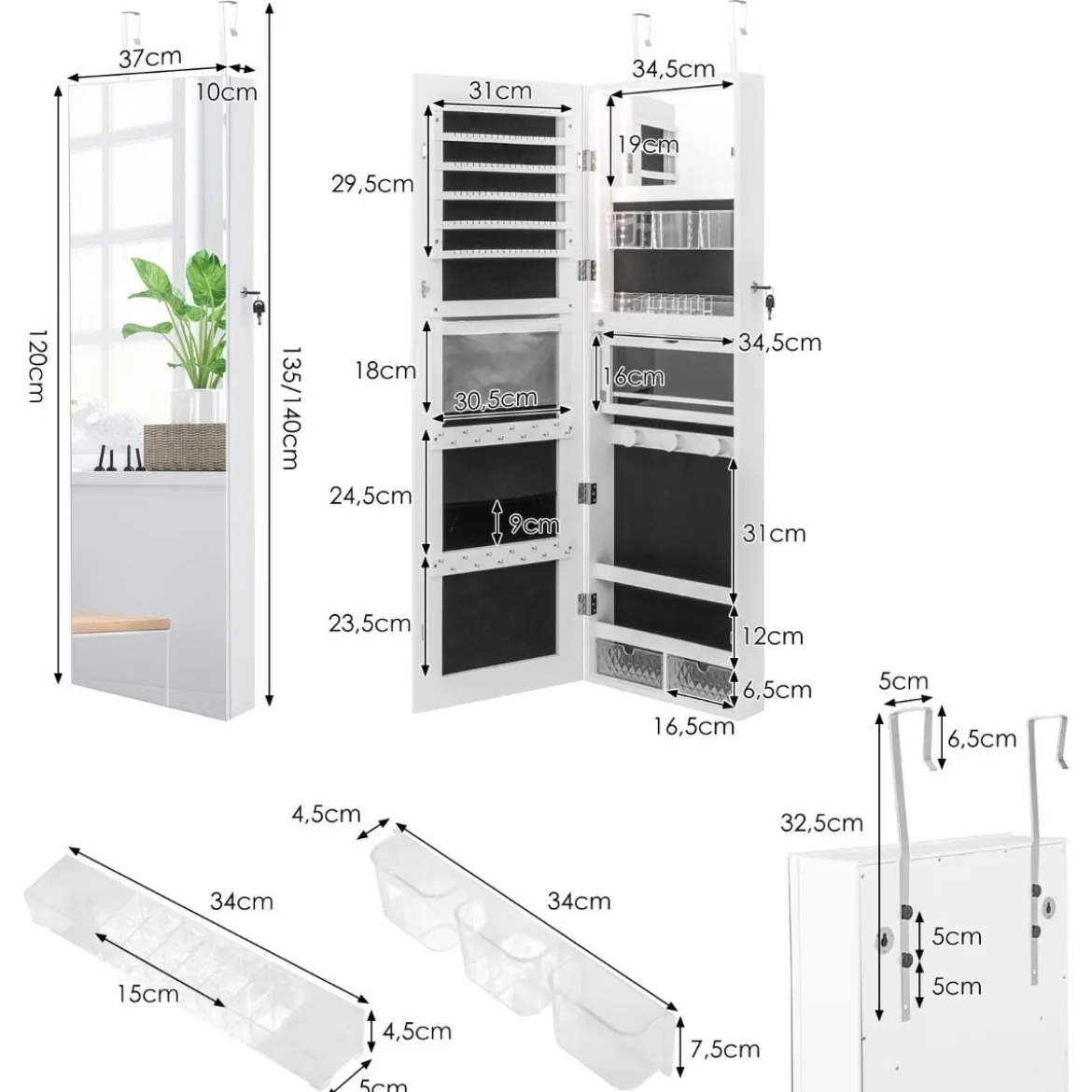Schmuckschrank mit Ganzkörperspiegel & 3-farbigen Lichtern an der Wand/Tür Weiß