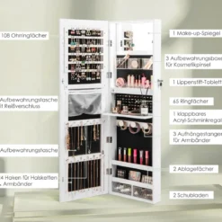 Schmuckschrank mit Ganzkörperspiegel & 3-farbigen Lichtern an der Wand/Tür Weiß