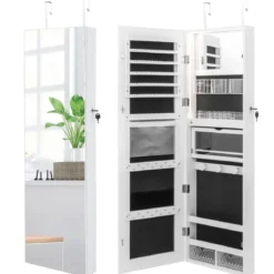 Schmuckschrank mit Ganzkörperspiegel & 3-farbigen Lichtern an der Wand/Tür Weiß