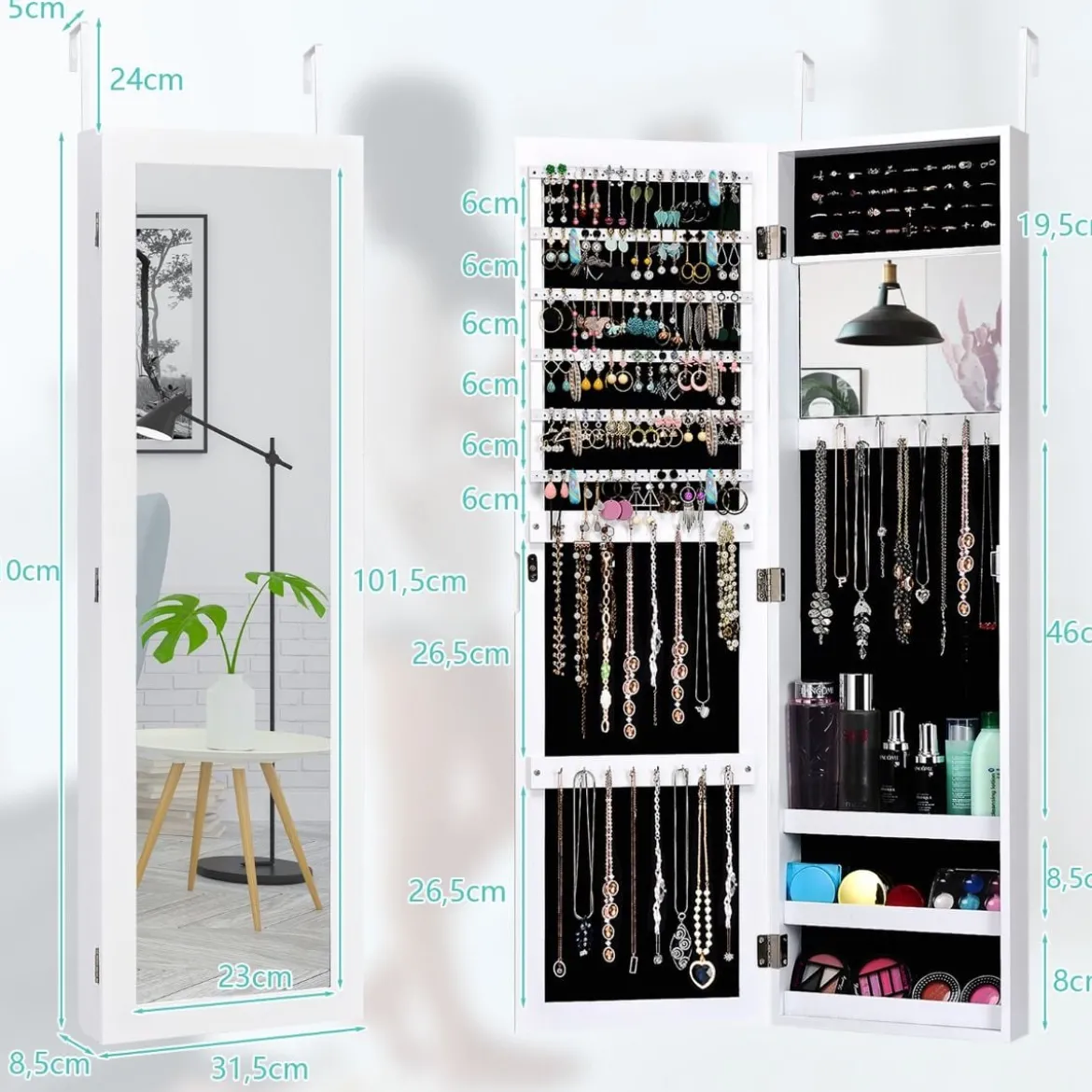 Schmuckschrank mit Ganzkörperspiegel und eingebautem Schminkspiegel Weiß/Schwarz/Braun