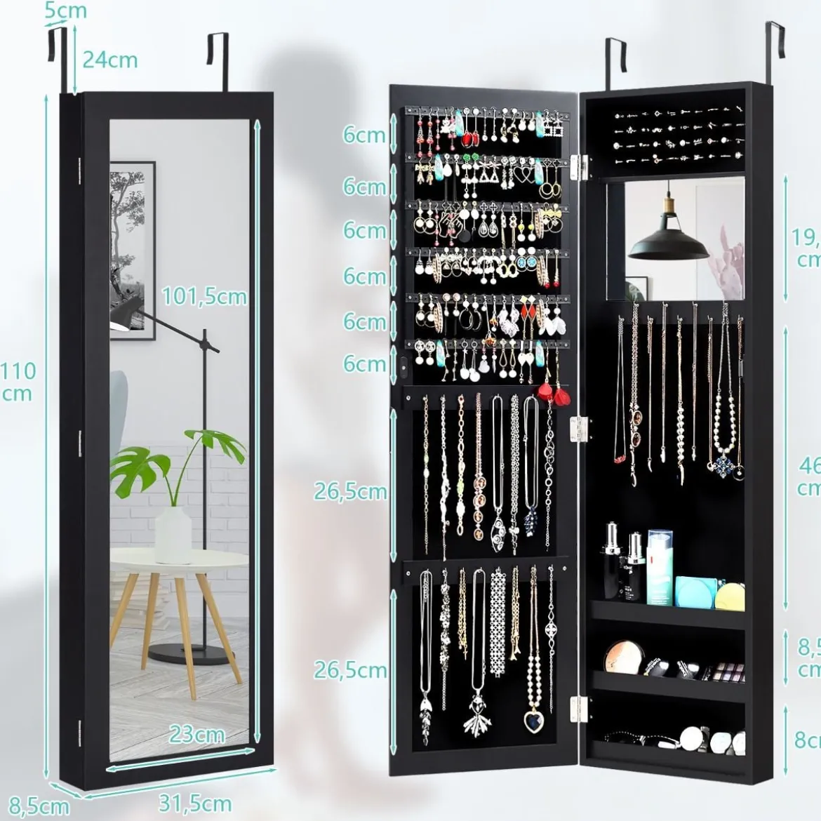 Schmuckschrank mit Ganzkörperspiegel und eingebautem Schminkspiegel Weiß/Schwarz/Braun
