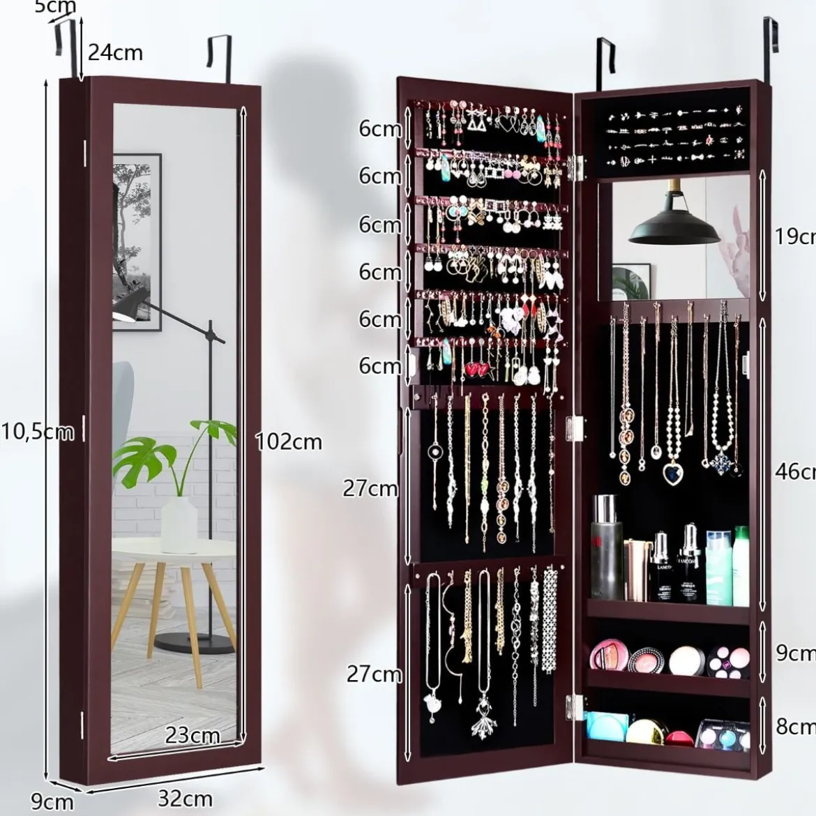 Schmuckschrank mit Ganzkörperspiegel und eingebautem Schminkspiegel Weiß/Schwarz/Braun