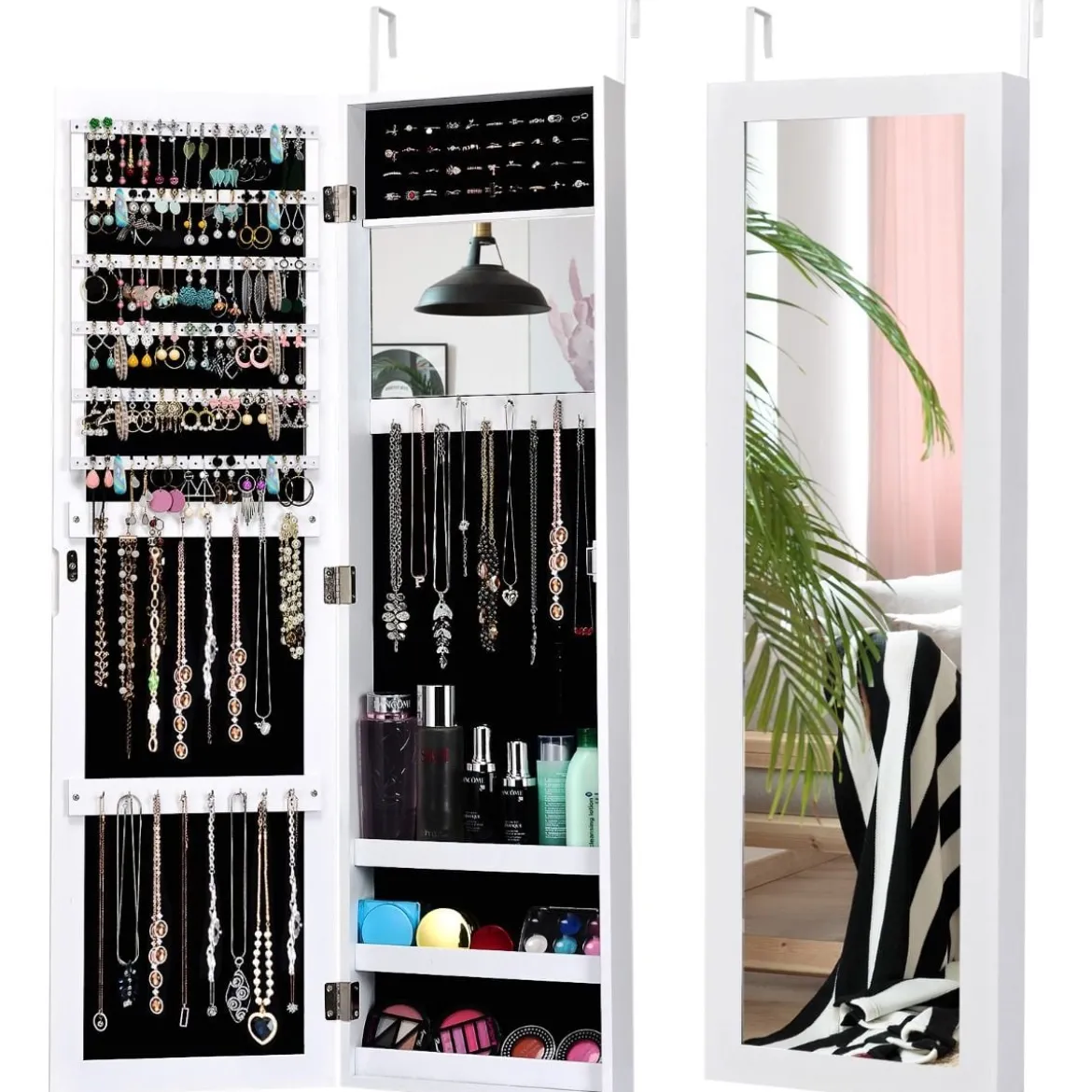 Schmuckschrank mit Ganzkörperspiegel und eingebautem Schminkspiegel Weiß/Schwarz/Braun
