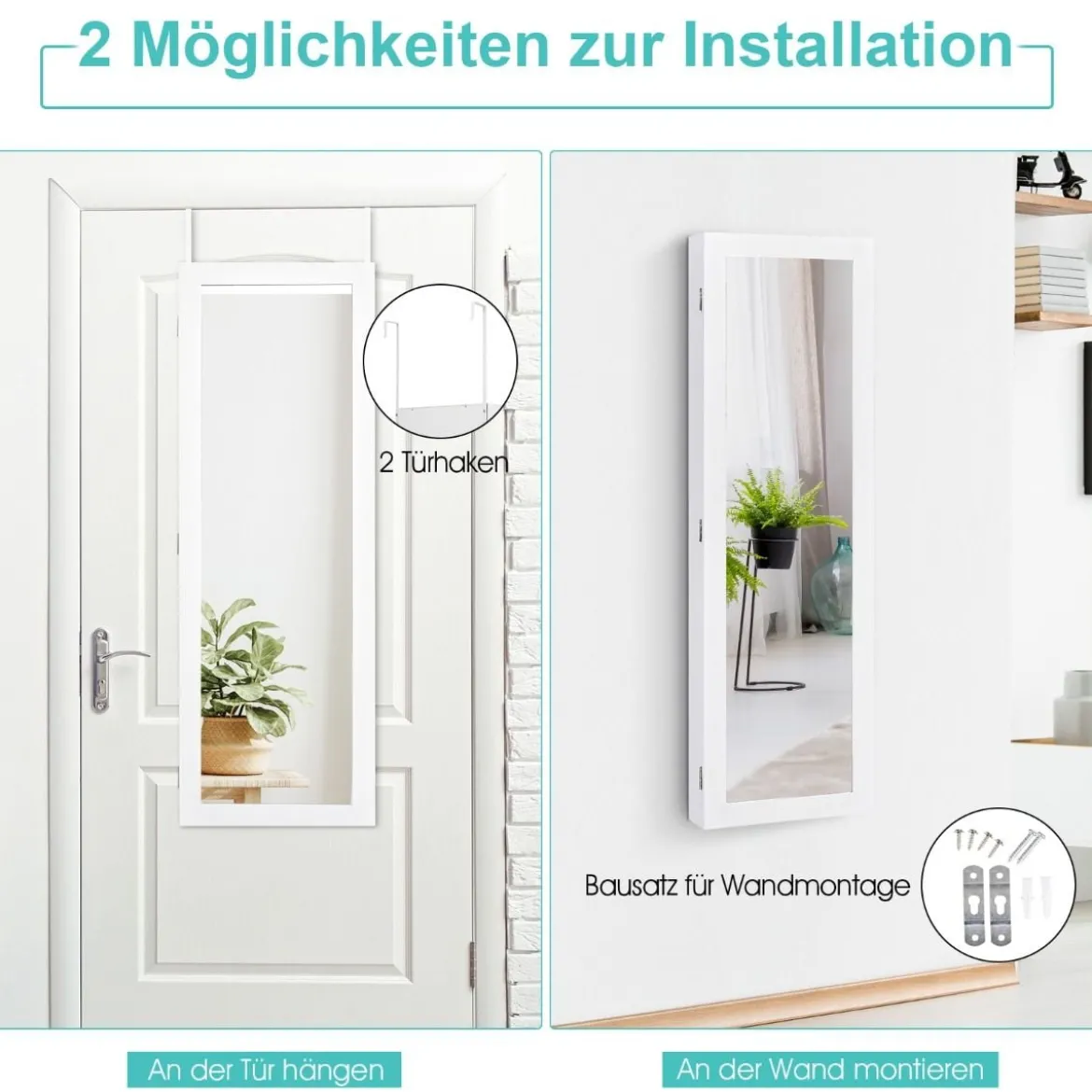 Schmuckschrank mit Ganzkörperspiegel und eingebautem Schminkspiegel Weiß/Schwarz/Braun