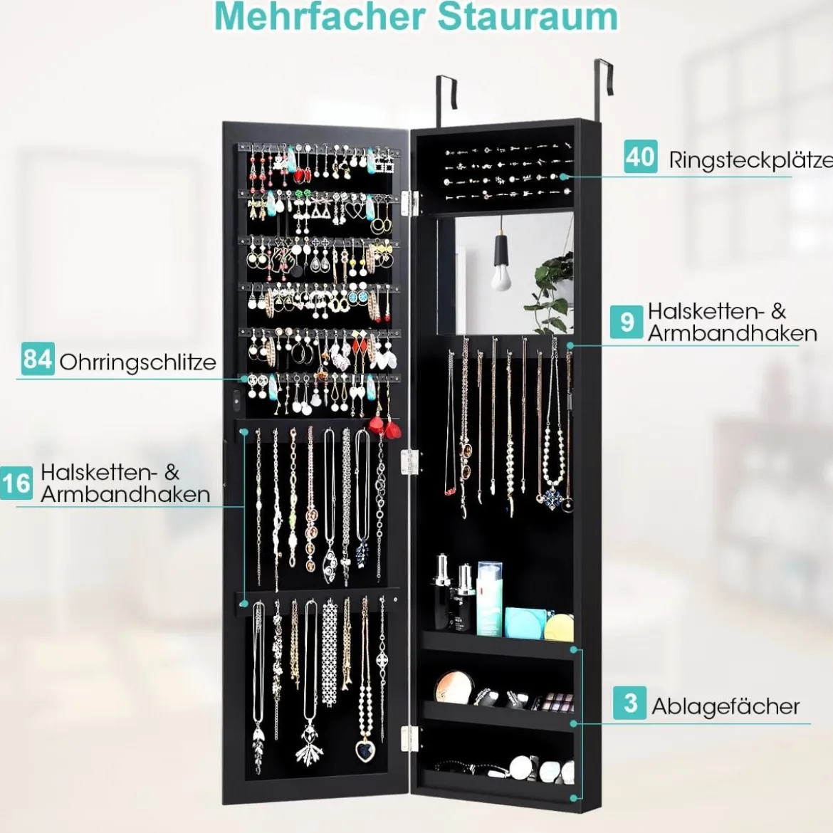 Schmuckschrank mit Ganzkörperspiegel und eingebautem Schminkspiegel Weiß/Schwarz/Braun