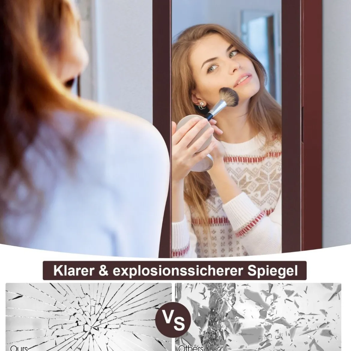 Schmuckschrank mit Ganzkörperspiegel und eingebautem Schminkspiegel Weiß/Schwarz/Braun