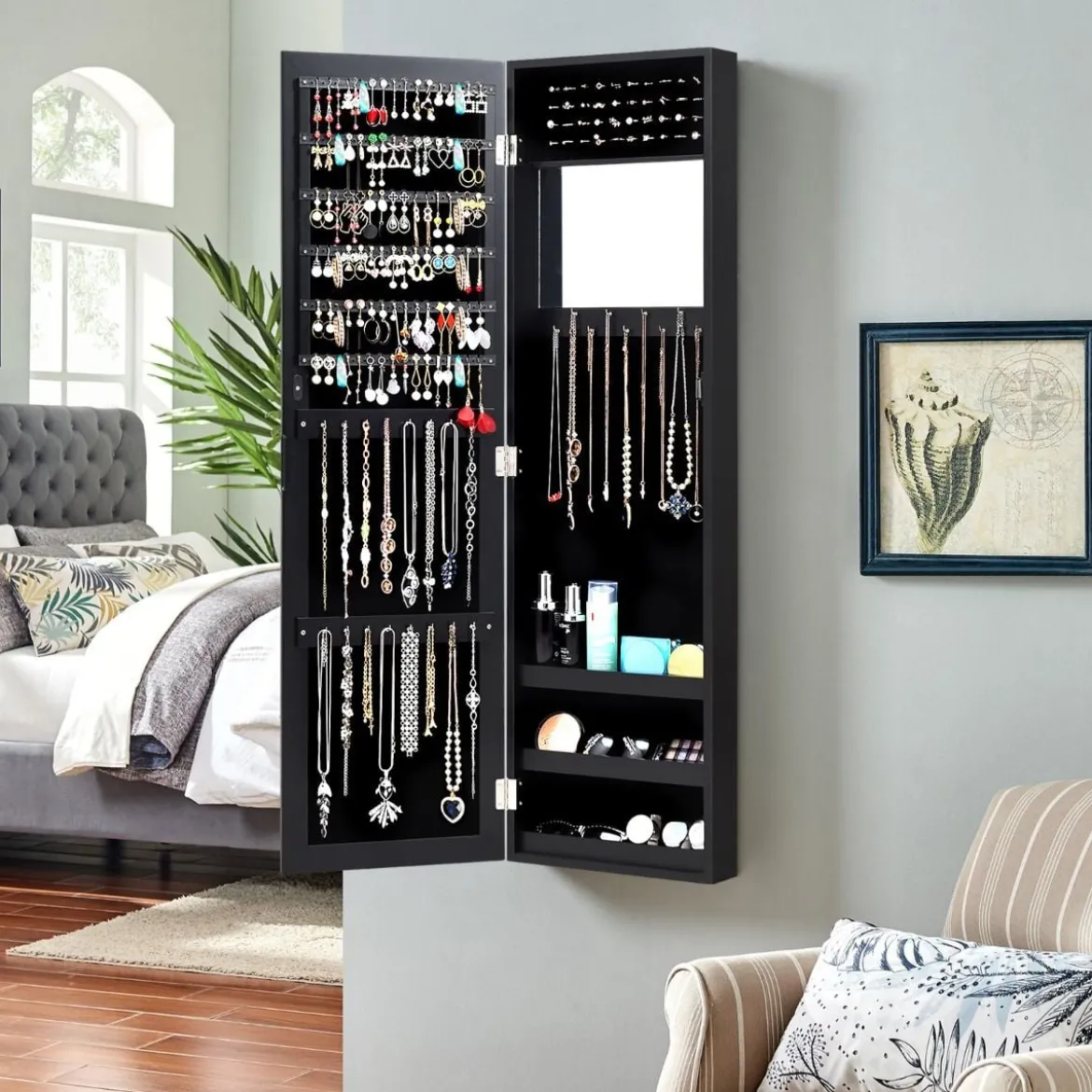 Schmuckschrank mit Ganzkörperspiegel und eingebautem Schminkspiegel Weiß/Schwarz/Braun