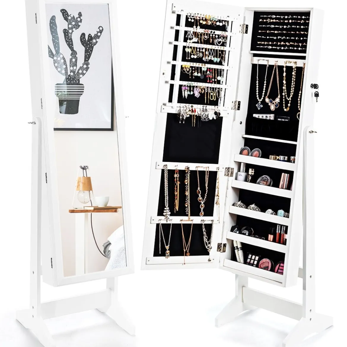 Schmuckschrank mit Ganzkörperspiegel Schmuckständer 41 x 36,5 x 146 cm Weiß