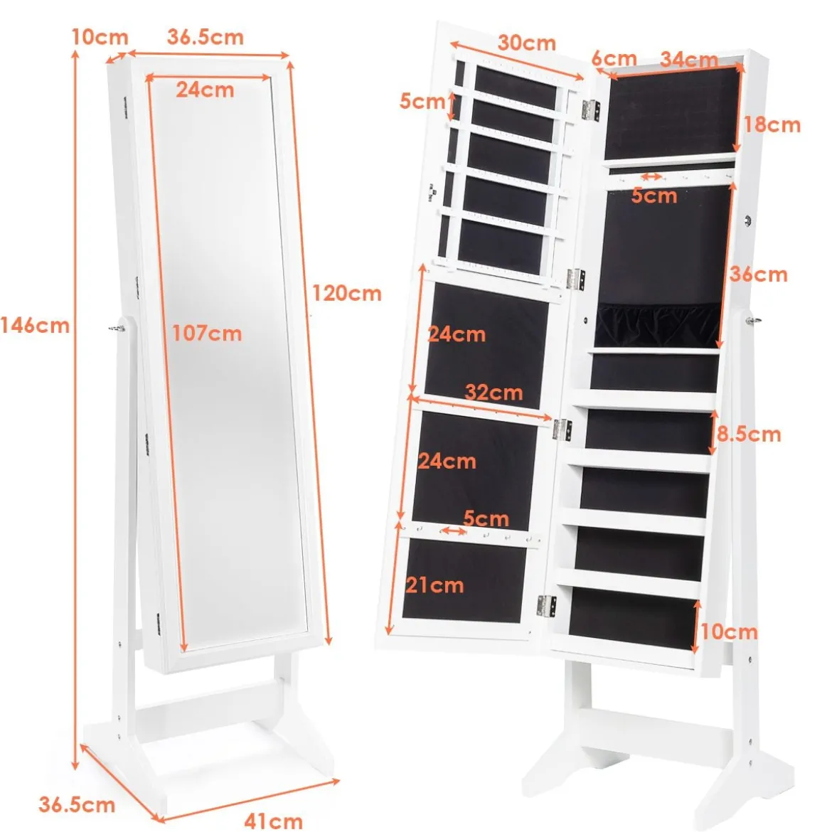 Schmuckschrank mit Ganzkörperspiegel Schmuckständer 41 x 36,5 x 146 cm Weiß