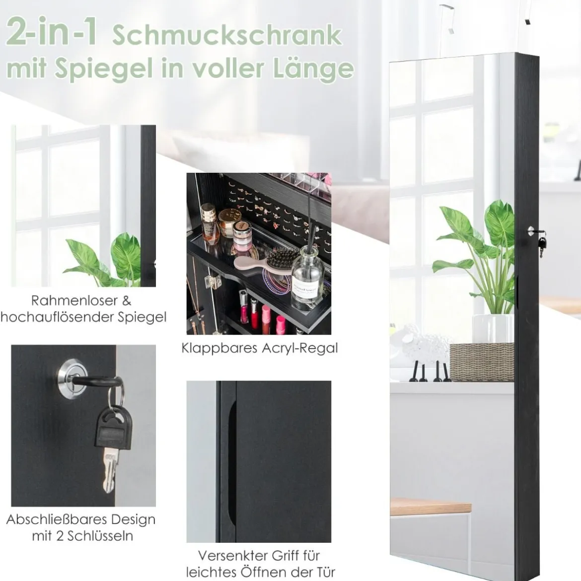 Schmuckschrank mit Ganzkörperspiegel & 3-farbigen Lichtern an der Wand/Tür Schwarz