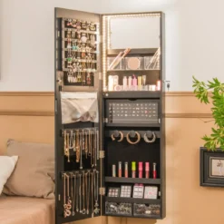 Schmuckschrank mit Ganzkörperspiegel & 3-farbigen Lichtern an der Wand/Tür Schwarz
