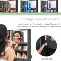 Schmuckschrank mit Ganzkörperspiegel & 3-farbigen Lichtern an der Wand/Tür Schwarz