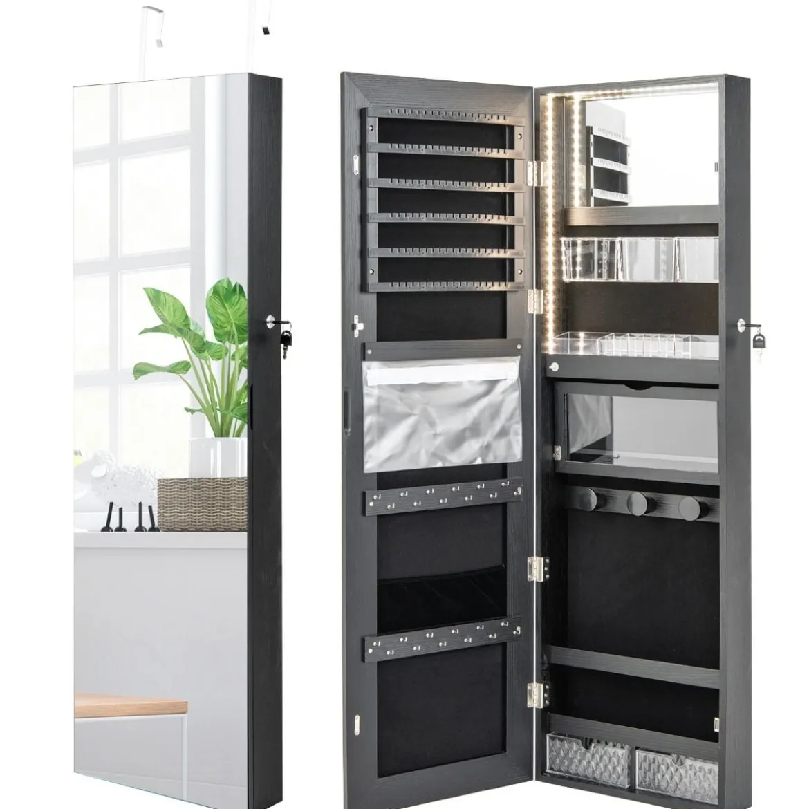 Schmuckschrank mit Ganzkörperspiegel & 3-farbigen Lichtern an der Wand/Tür Schwarz