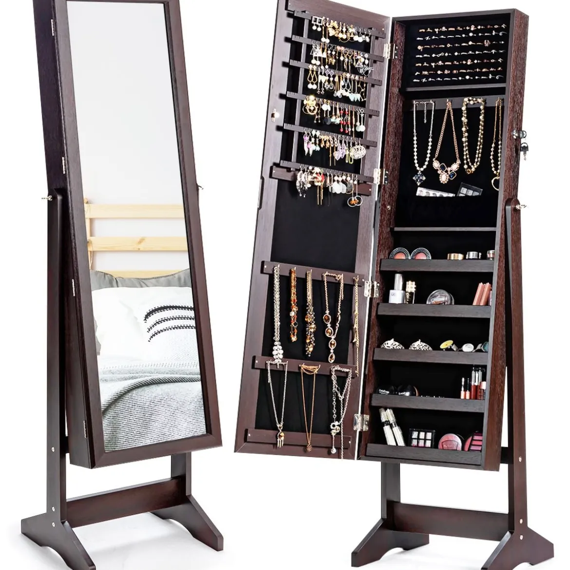 Schmuckschrank mit Ganzkörperspiegel freistehender Schmuckständer 41 x 36,5 x 146 cm Braun