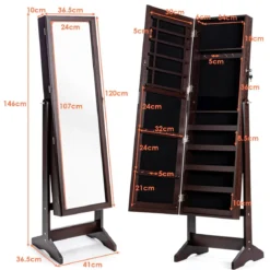 Schmuckschrank mit Ganzkörperspiegel freistehender Schmuckständer 41 x 36,5 x 146 cm Braun