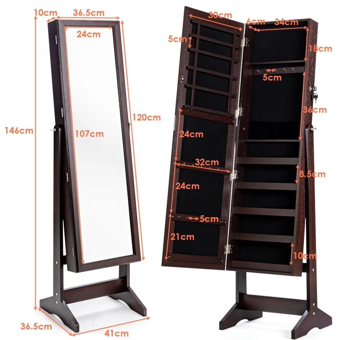 Schmuckschrank mit Ganzkörperspiegel freistehender Schmuckständer 41 x 36,5 x 146 cm Braun